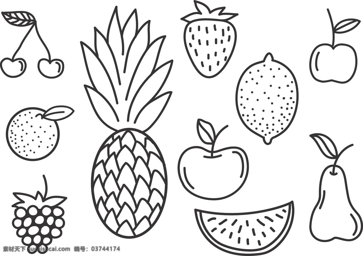 手绘 线性 水果 图标 手绘水果 扁平水果 手绘植物 水果图标 樱桃 凤梨 萝卜草莓 柠檬 苹果 梨子 雪梨 葡萄 橙子