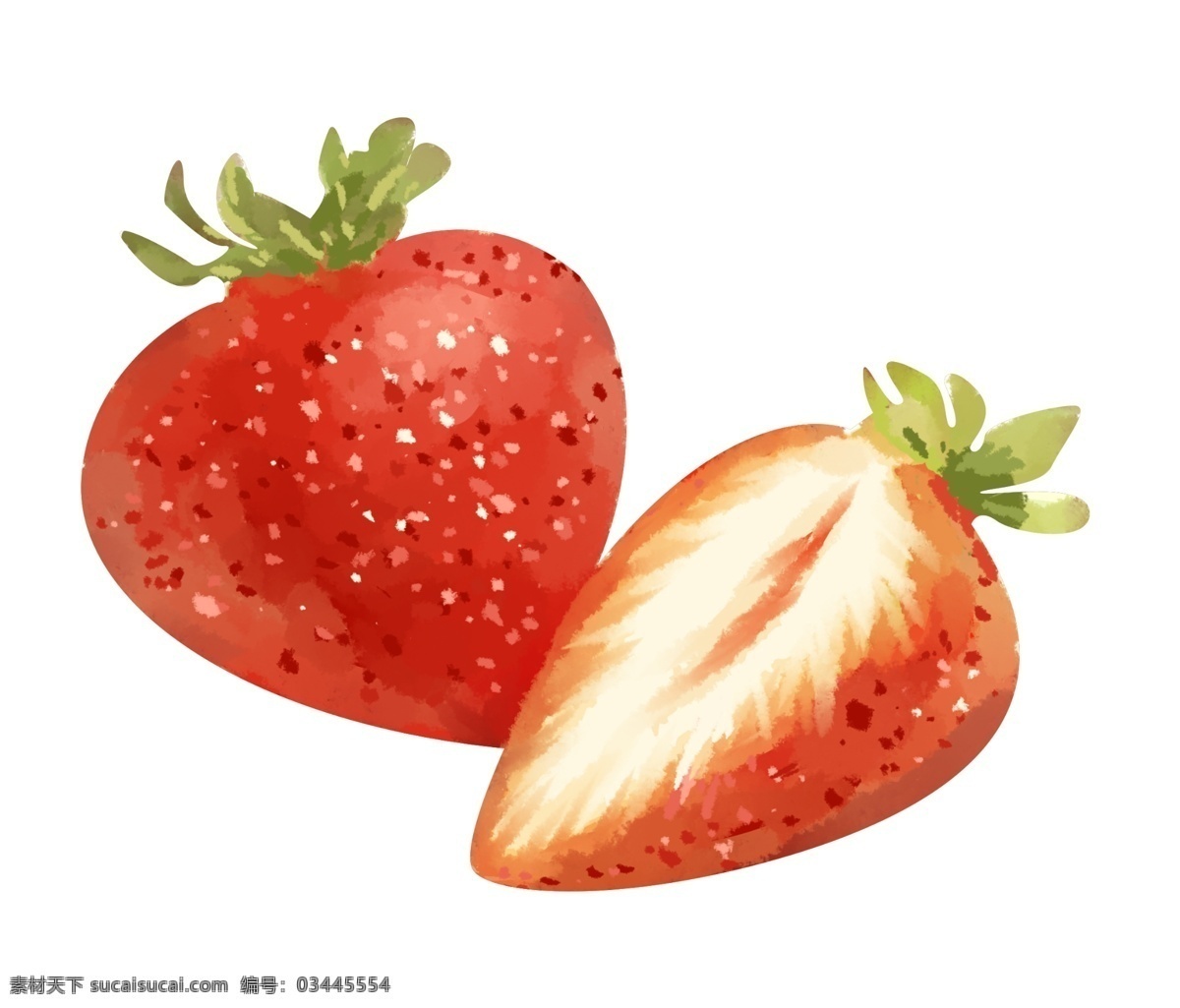半 草莓 手绘 插画 新鲜草莓 绿色的叶子 水果草莓 手绘草莓 半个草莓 漂亮的草莓