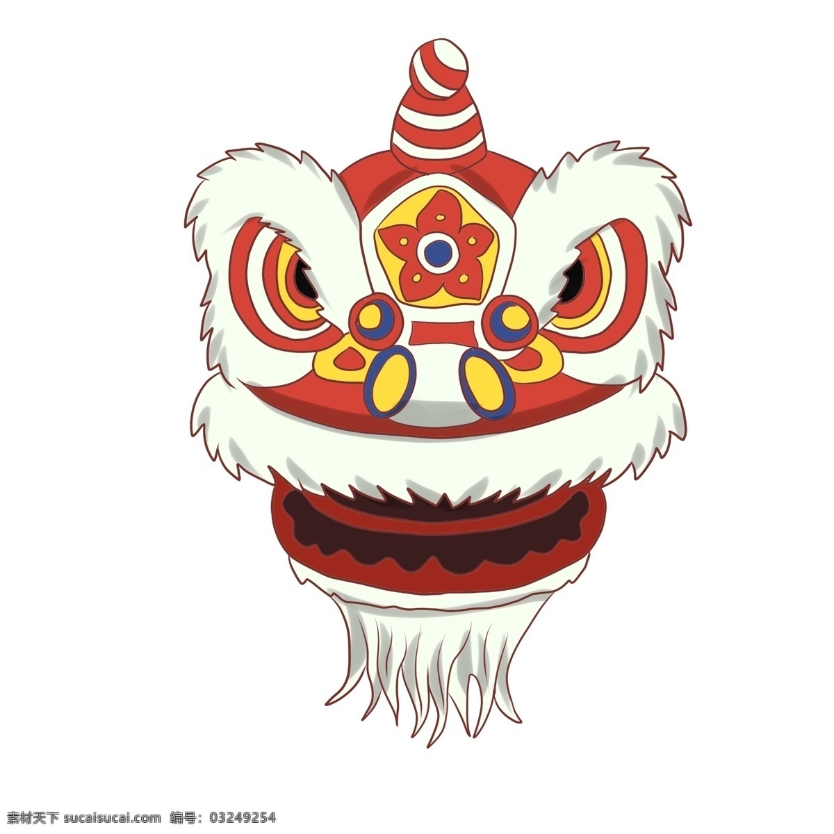 卡通 舞狮 头部 插画 狮头 戏剧道具 卡通道具插画 红色狮子头 舞狮头部道具 白色的毛 戏曲道具插画