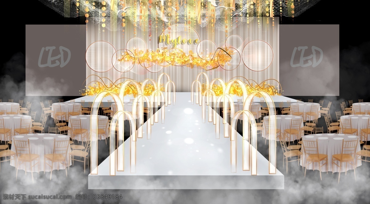 香槟 色 舞台 婚礼 效果图 线帘吊顶设计 婚礼效果图
