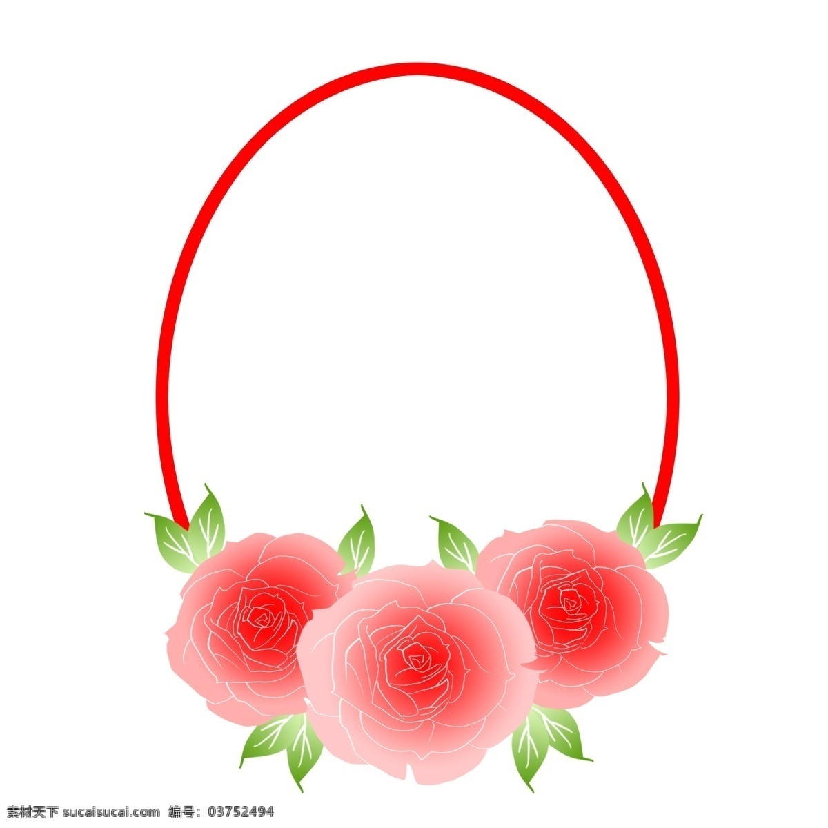 圆形 鲜花 边框 插画 可爱 漂亮 红色 圆形鲜花边框 手绘鲜花边框 绿色的叶子