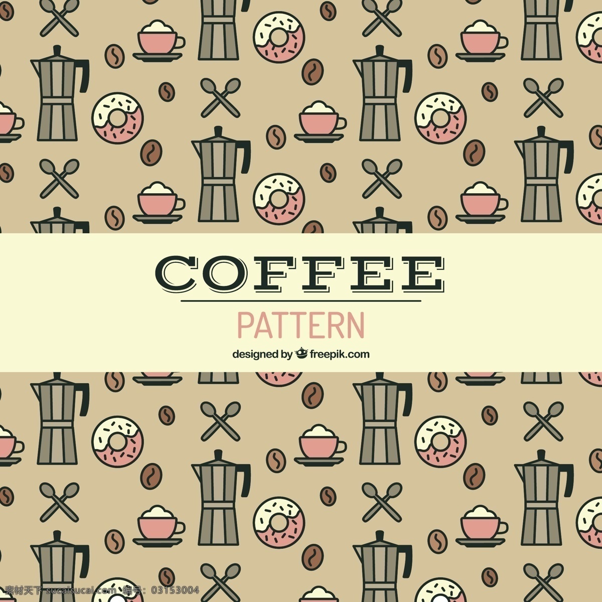 油炸 圈 饼 咖啡机 平面 图案 背景 咖啡 颜色 商店 公寓 咖啡杯 装饰 饮料 彩色背景 杯子 无缝图案 平面设计 勺子 图案背景 咖啡豆 马克杯
