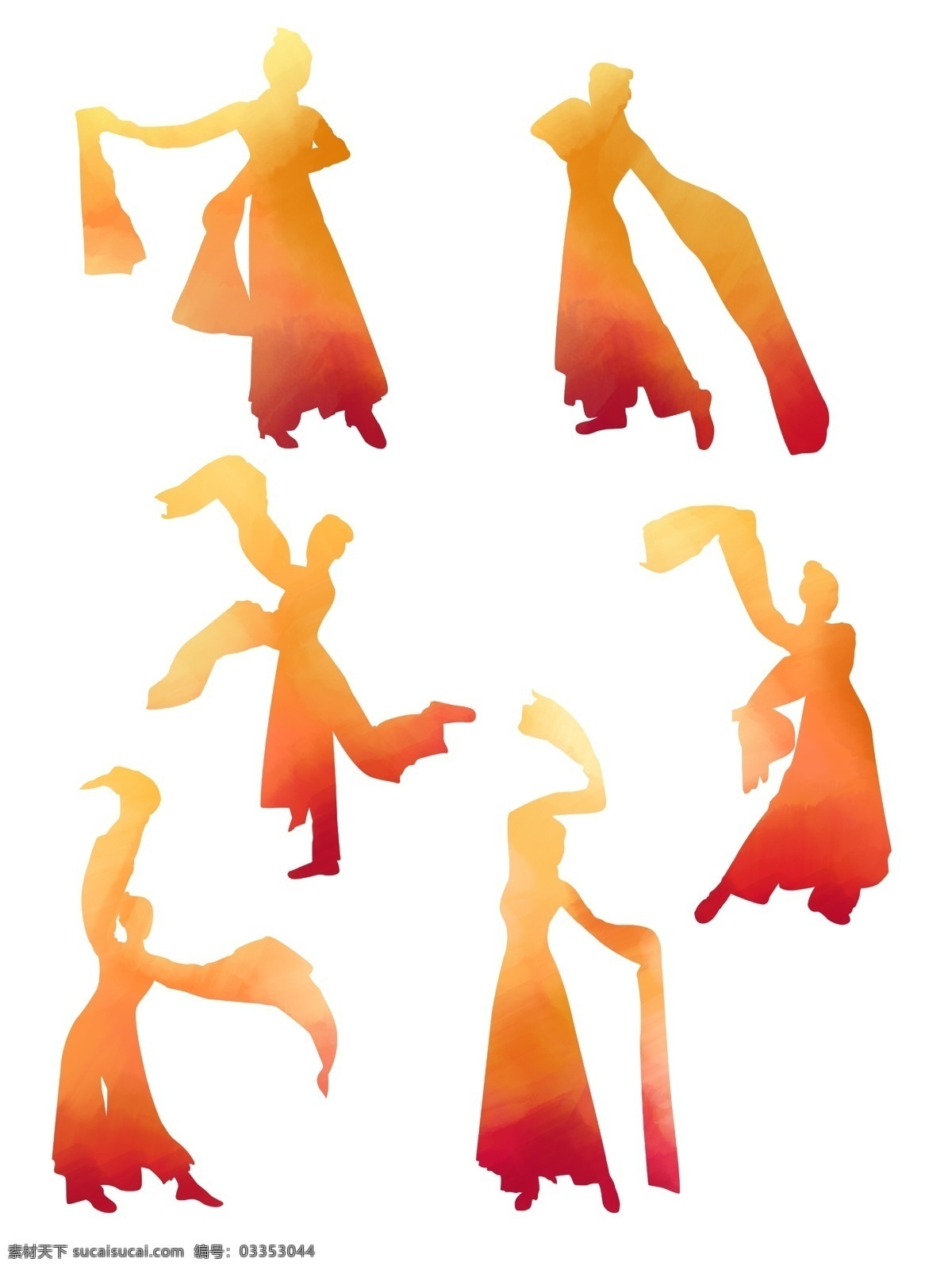 手绘 水彩 黄 橙 叠加 水袖 舞 舞者 人物 舞蹈 元素 人物元素 舞蹈剪影 人物剪影 水袖舞动作 水彩人物
