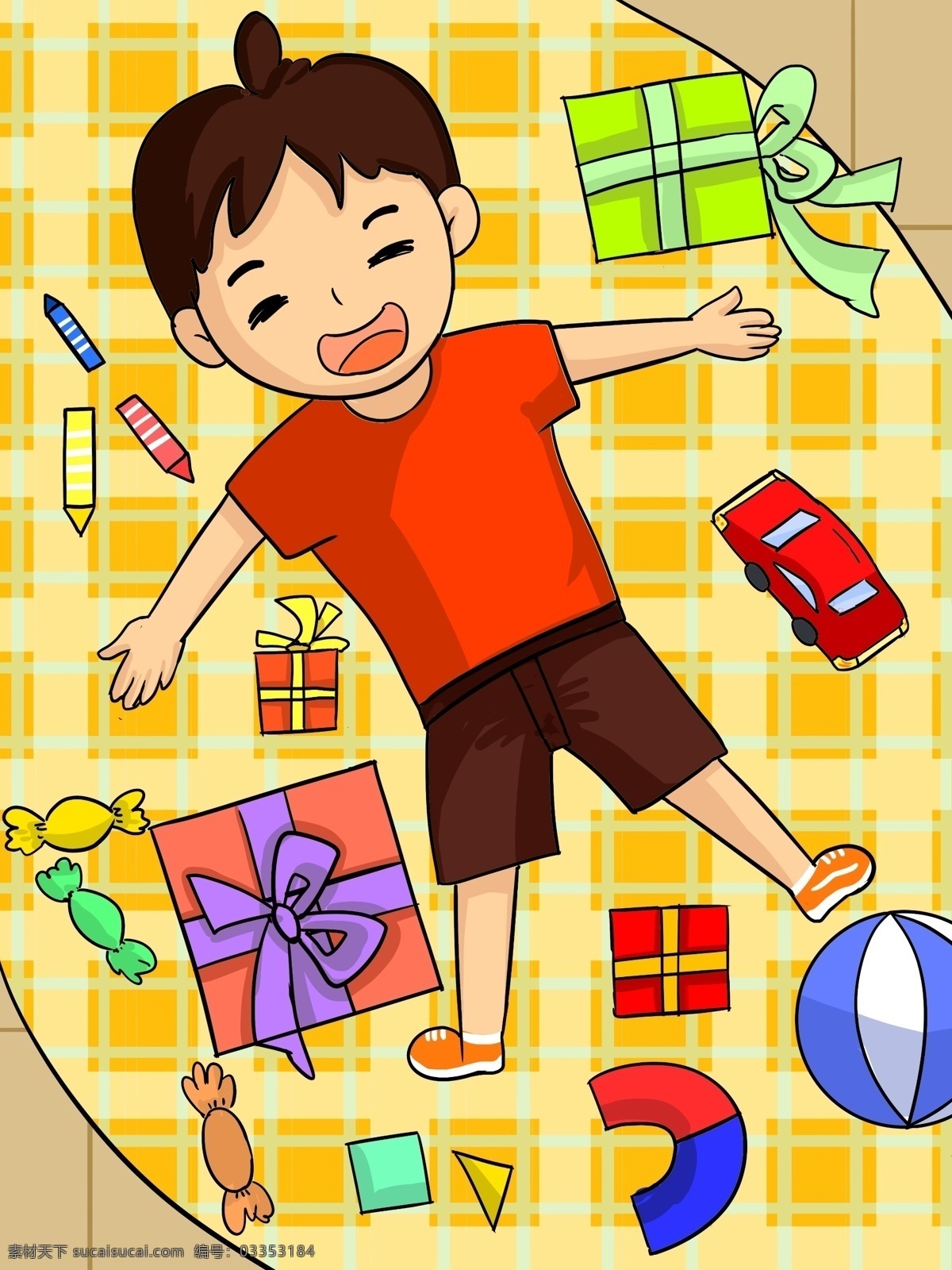 儿童节 收到 礼物 快乐 男孩 插画 六一 开心 球 小汽车 糖果 清新 线条