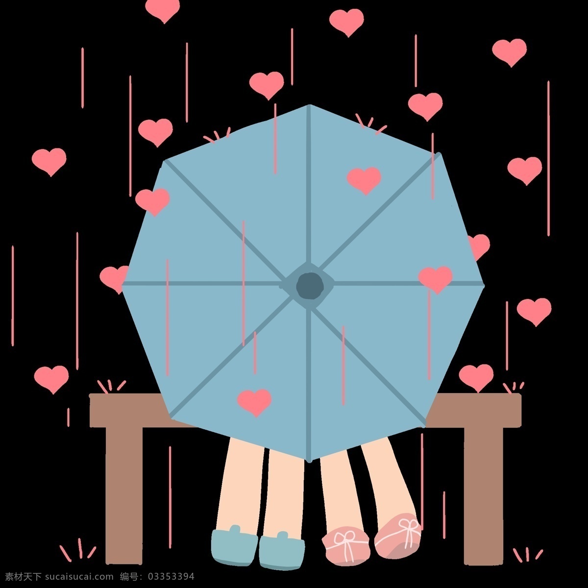 蓝色 撑开 雨伞 插图 卡通人物 蓝色雨伞 撑开的雨伞 红色心形 漂浮的心形 棕色凳子 长长的凳子 有爱的画面