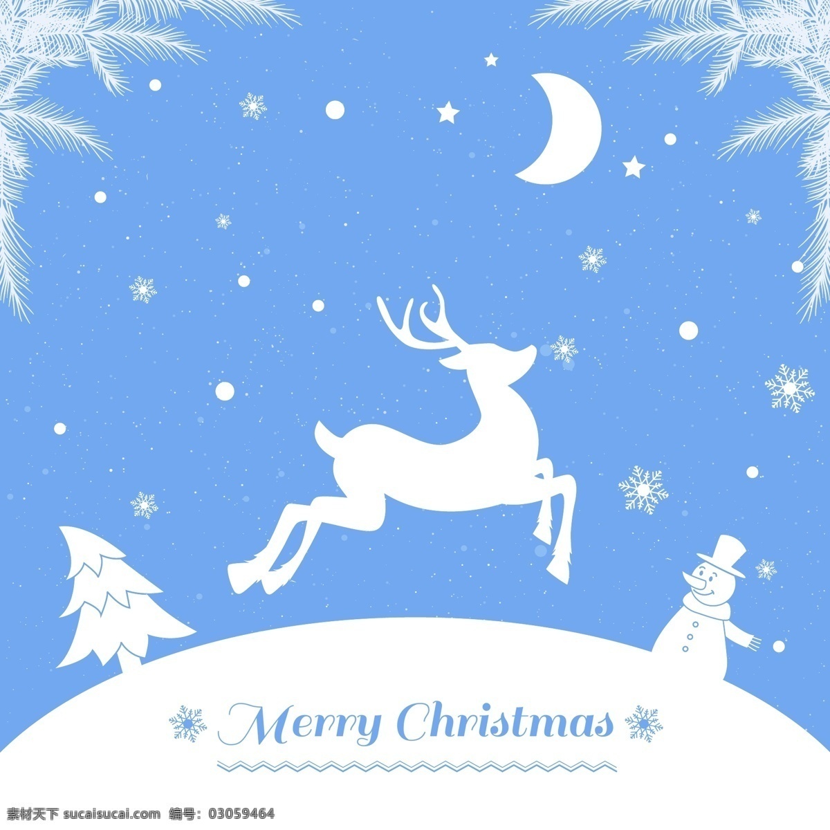 白色 驯鹿 圣诞 背景 圣诞节 矢量图 松树 松枝 雪花 雪人 夜晚 月亮 雪原 节日素材