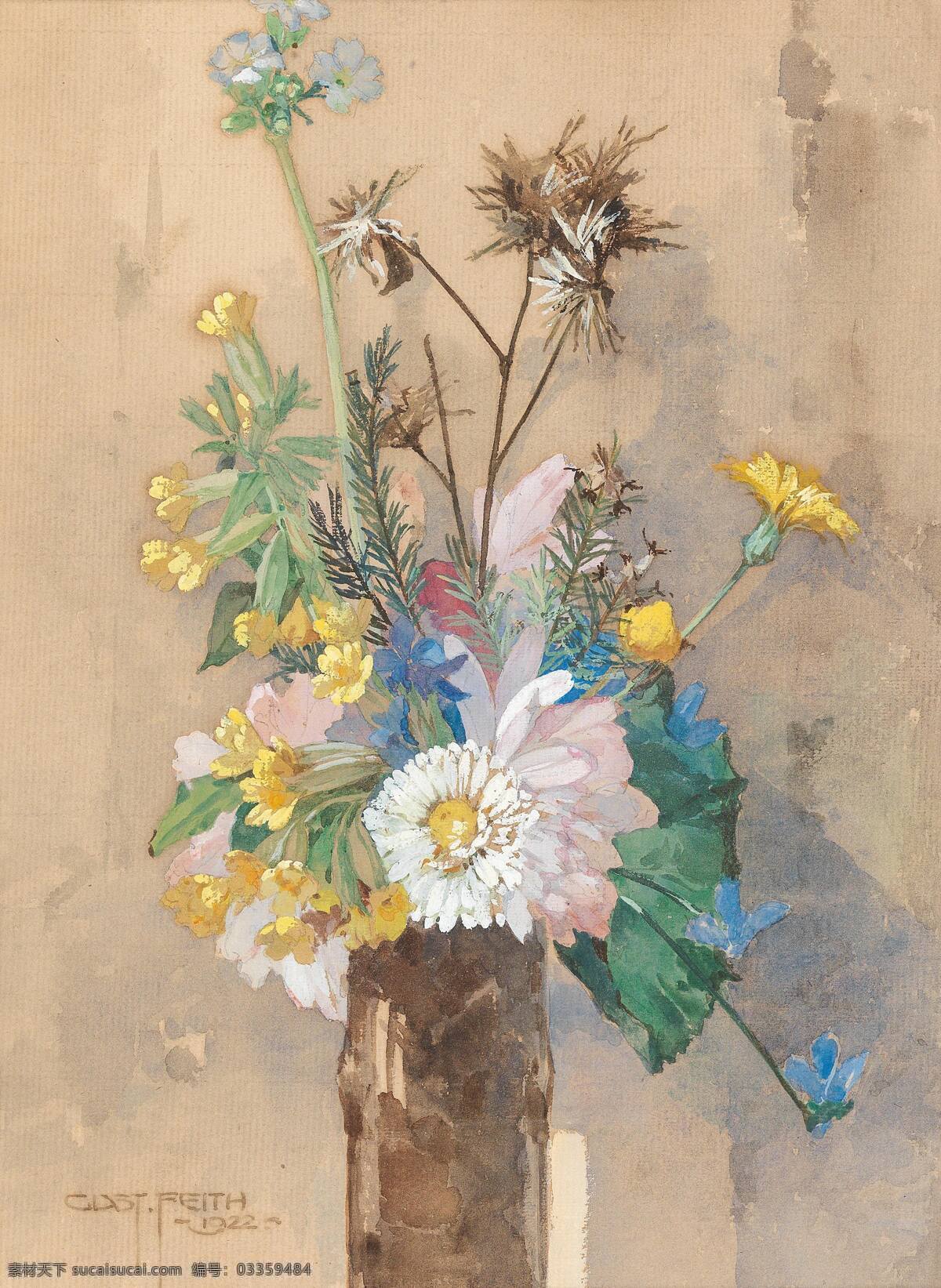 古斯塔夫 费斯作品 奥地利画家 混搭鲜花 菊花 盛开 世纪 水彩画 文化艺术 绘画书法
