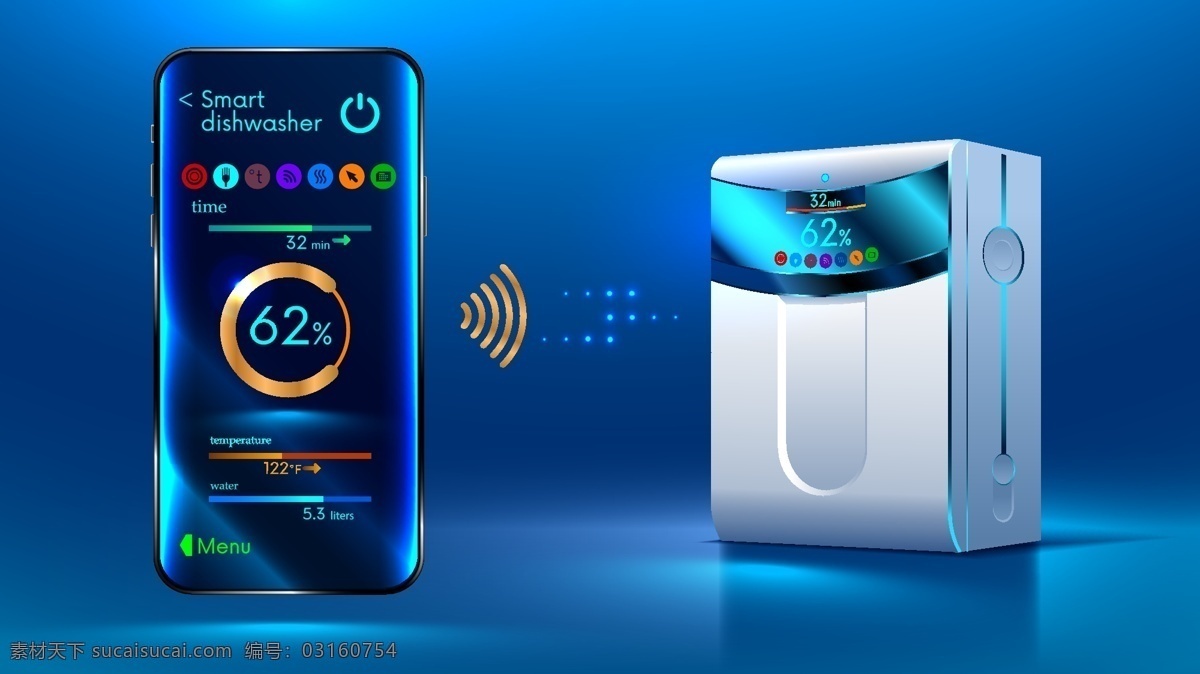 黑 科技 智能 生活 创意设计 矢量 光矢量素材 矢量图 设计素材 智能科技 智能家居 app 无线 遥控 洗碗机 蓝色 手机
