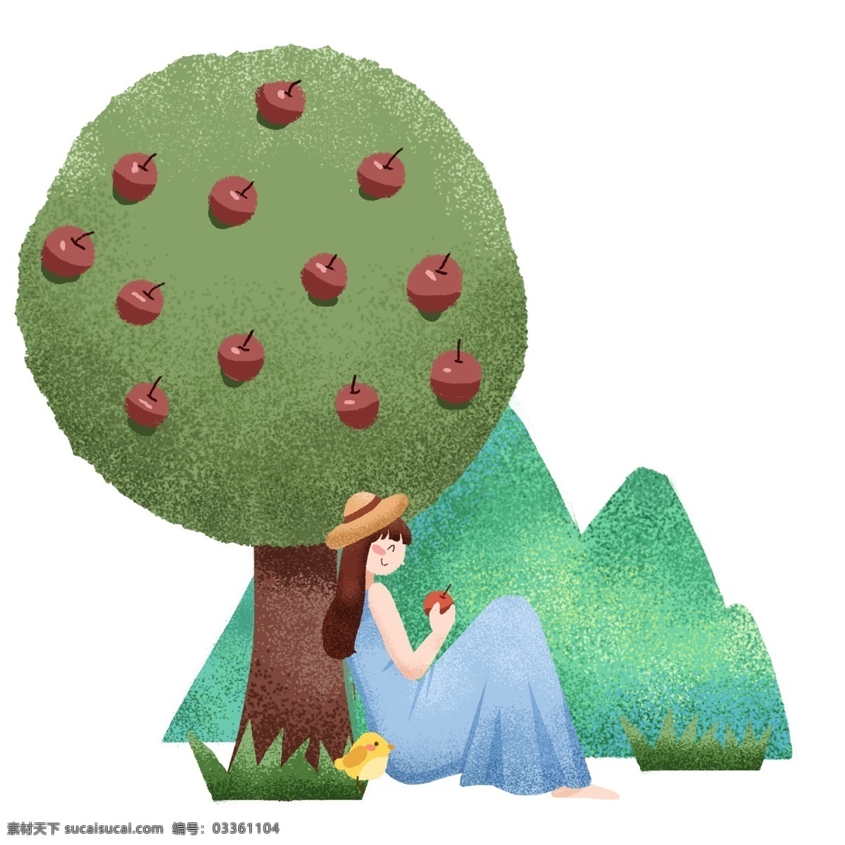 春季 踏青 苹果 插画 红色的苹果 卡通插画 春季插画 踏春插画 春季景色 春季风光 吃苹果的女孩
