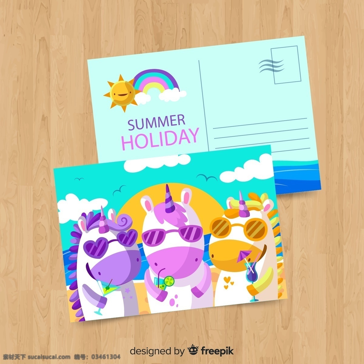 独角兽 夏季 明信片 太阳 彩虹 云朵 木板 大海 卡通 矢量 高清图片