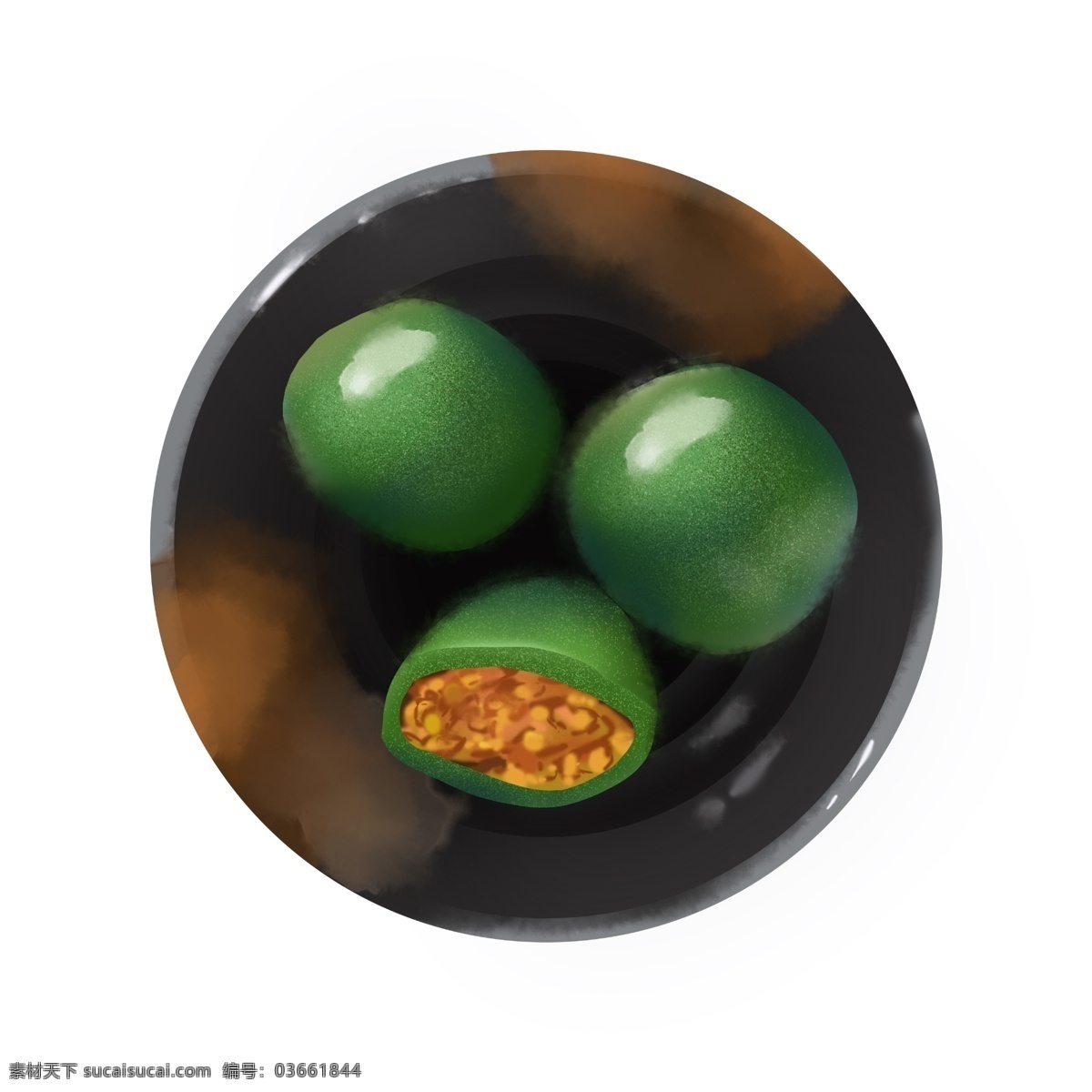 清明节 食物 之一 列 青团 两个半青团 绿色 盘子 可口的 诱人食物 插画 写实 手绘 光滑的青团