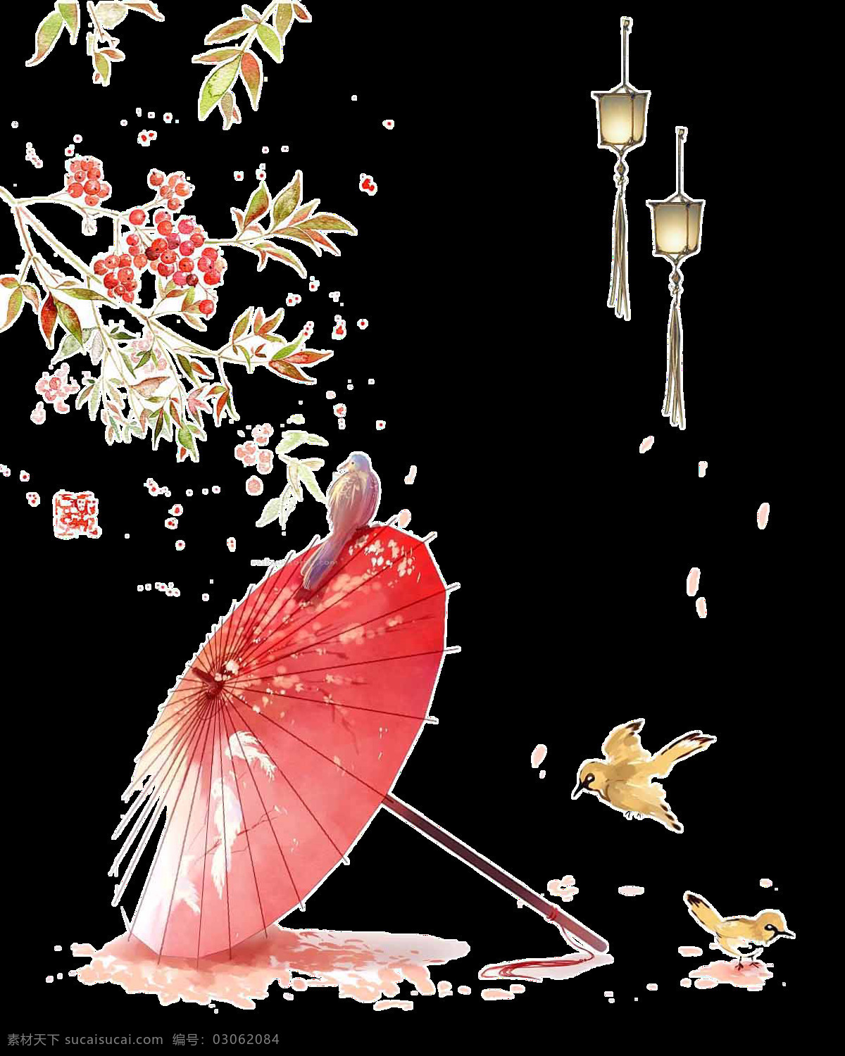 手绘 油纸伞 黄鹂 元素 中国风 水墨画 绿叶 花朵 红色油纸伞 免抠