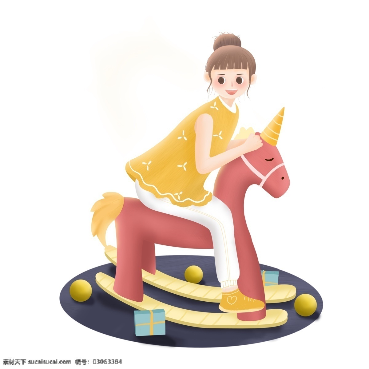 小 清新 骑 木马 女孩子 插画 卡通 小清新 人物 女孩 儿童节 六一