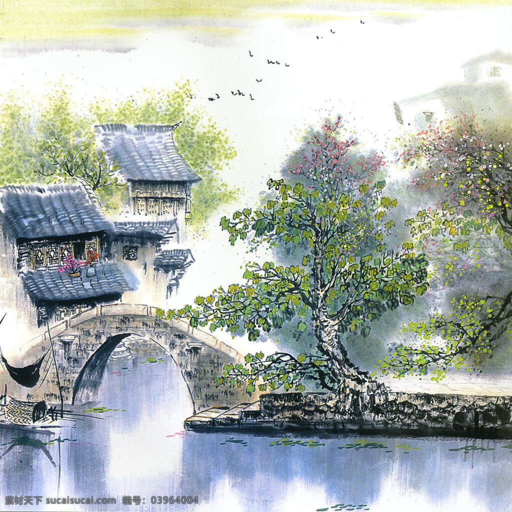 渔港 水乡 国画 风景 江南水乡国画 绘画书法 文化艺术