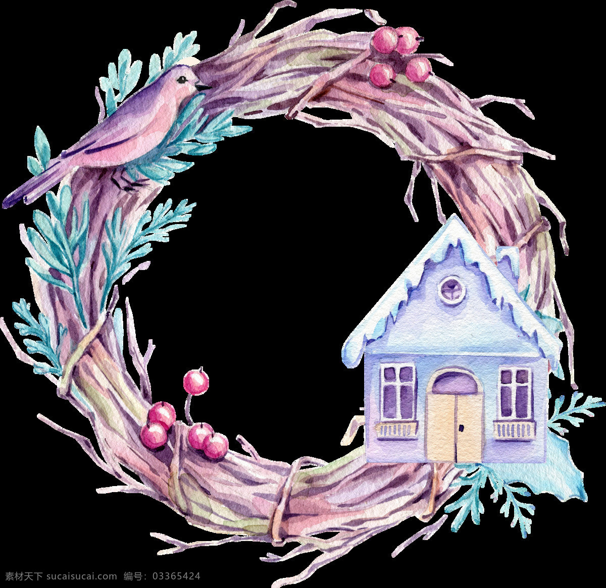 手绘 童话 风 树藤 房屋 编织 圆环 透明 花果 卡通 免扣素材 树叶 透明素材 小鸟 装饰图片