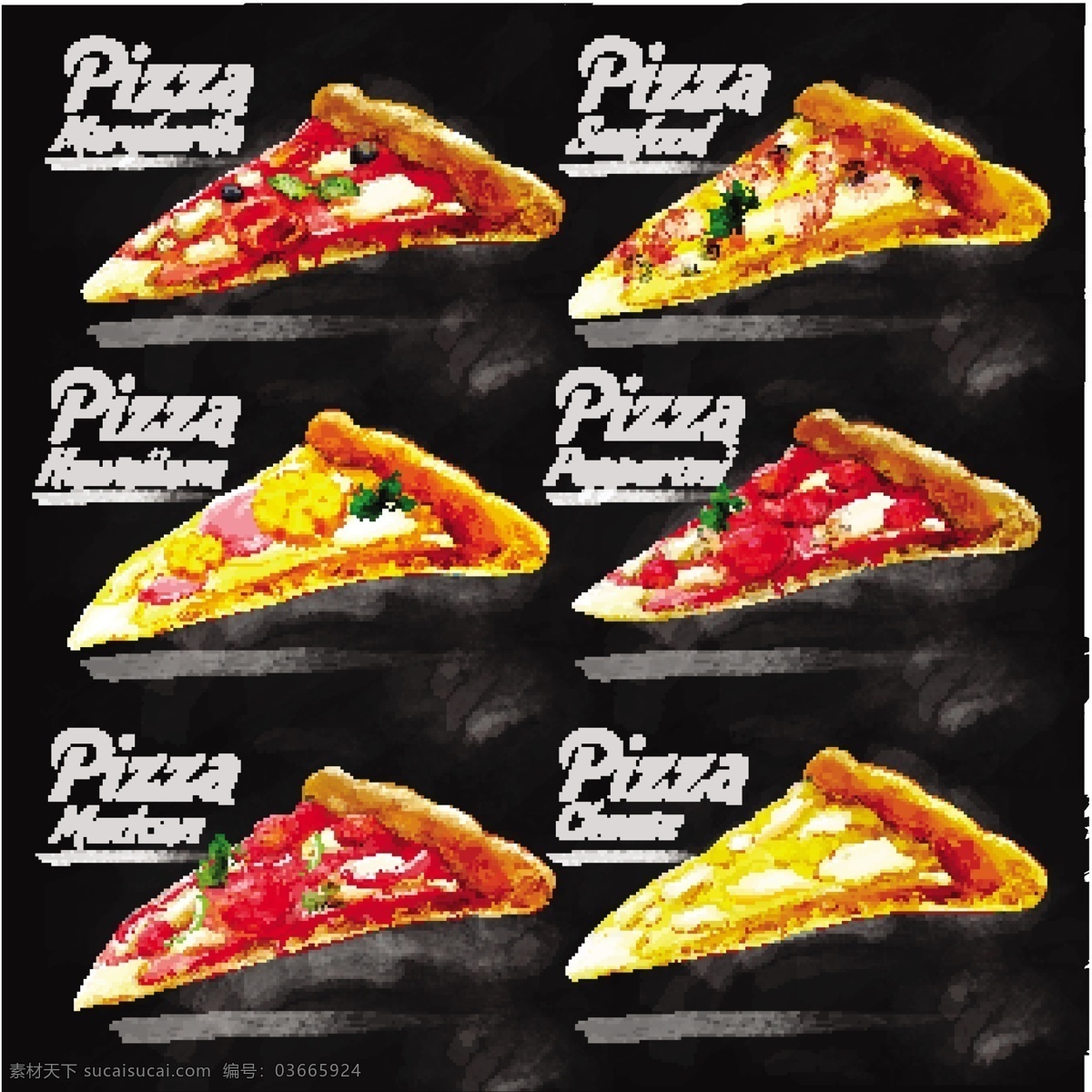 款 水彩 绘 美味 三角 披萨 矢量 玛格丽特披萨 海鲜披萨 夏威夷披萨 意大利 辣 肠 奶酪披萨 墨西哥披萨 快餐 矢量图