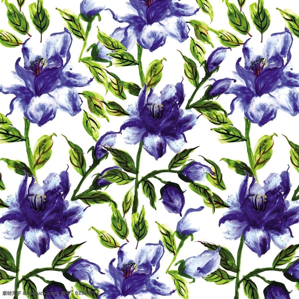 手绘 蓝色 花卉 无缝 背景 无缝背景 手绘蓝色花卉 底纹边框 背景底纹