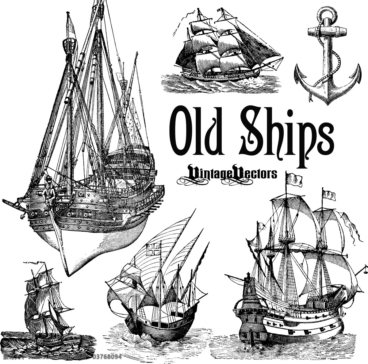 精美 手绘 早期 船只 矢量 船锚 大海 帆船 仿古 工具 航行 轮船 矢量素材 线稿 运输 矢量图 其他矢量图