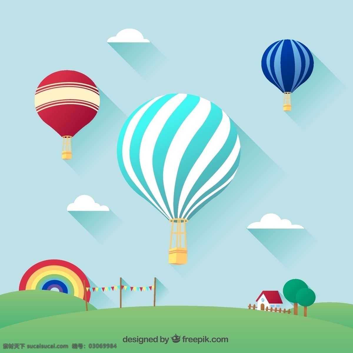 精致 热气球 插画 矢量 云朵 草地 郊外 房屋 树木 彩虹 矢量图... 青色 天蓝色