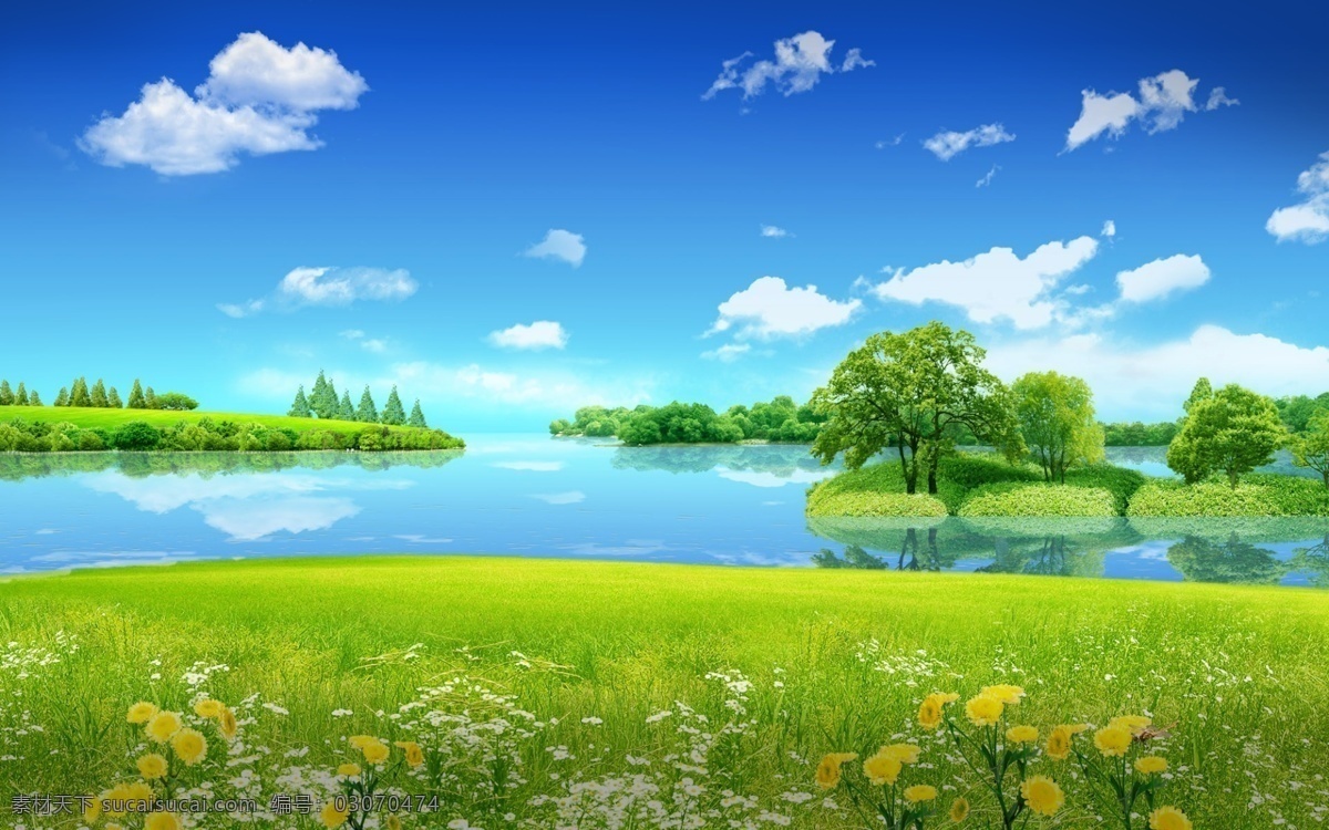 风景如画 风景 蓝天 绿草 花朵 花 树木 树 白云 河流 背景 草地 源文件