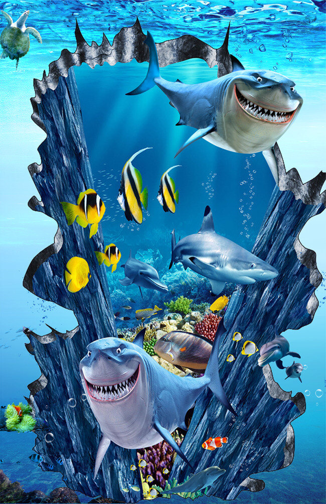 3d 海洋世界 插画 动物 海洋 鲨鱼 深洞 视觉冲击 鱼类