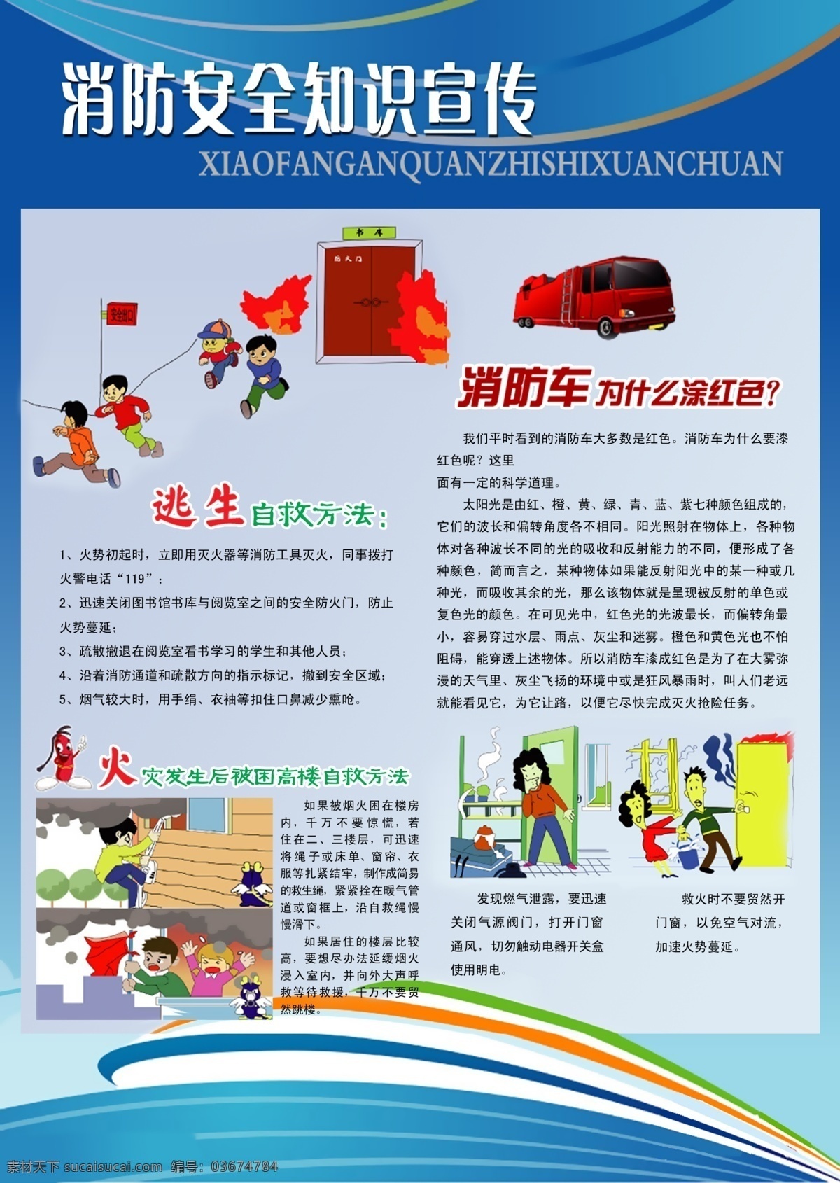 消防 安全 知识 宣传海报 展板 逃生自救方法 消防车 为什么 涂 红色 火灾 发生 后 困 高楼 自救 方法 示意卡通图案 分层 源文件