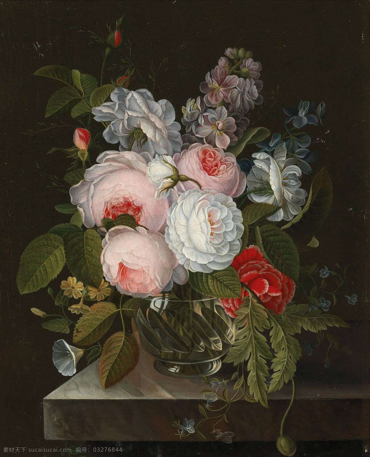 约翰 卡 斯帕 安东 迪勒 纽 斯 作品 静物鲜花 混搭鲜花 玫瑰 百合 玻璃花瓶 19世纪油画 油画 文化艺术 绘画书法
