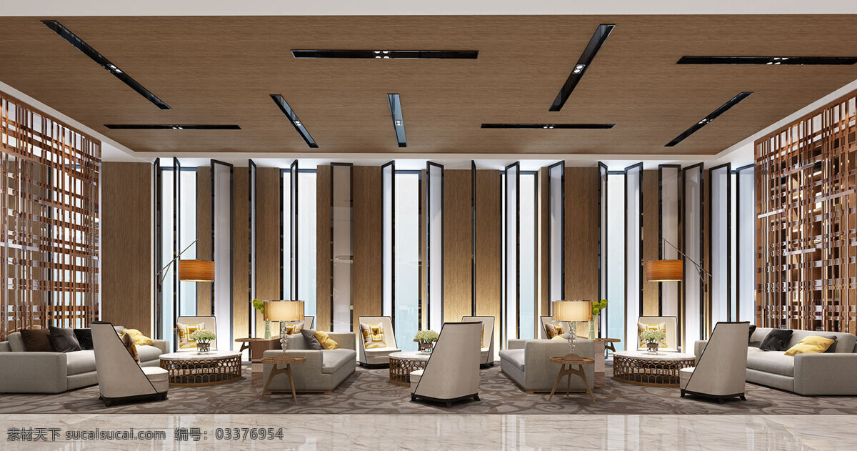 现代 时尚 大气 售楼处 工装 装修 效果图 木制展示柜 瓷砖地板 素色沙发 木制天花板 方形沙发