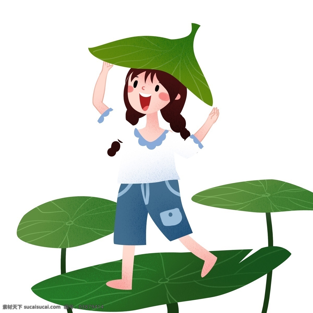 叶子 挡 雨 女孩 立夏人物插画 叶子挡雨 漂亮的小女孩 绿色的荷叶 植物装饰 卡通的人物