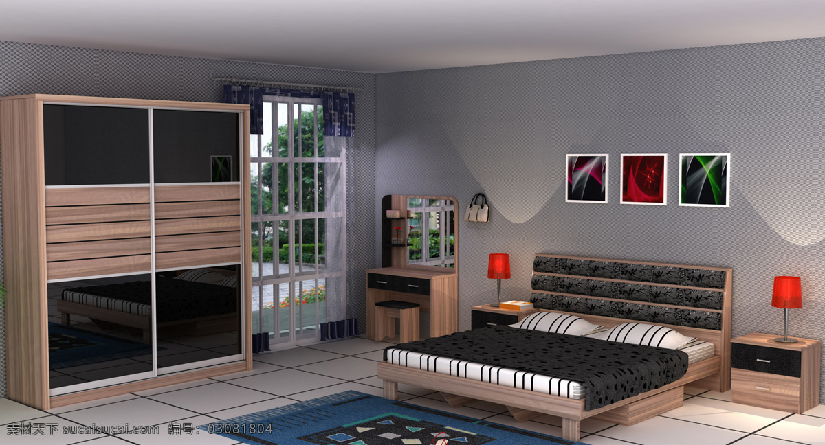 卧室 床 床头柜 环境设计 室内设计 套房家具 系列 推门衣柜 妆台 家居装饰素材