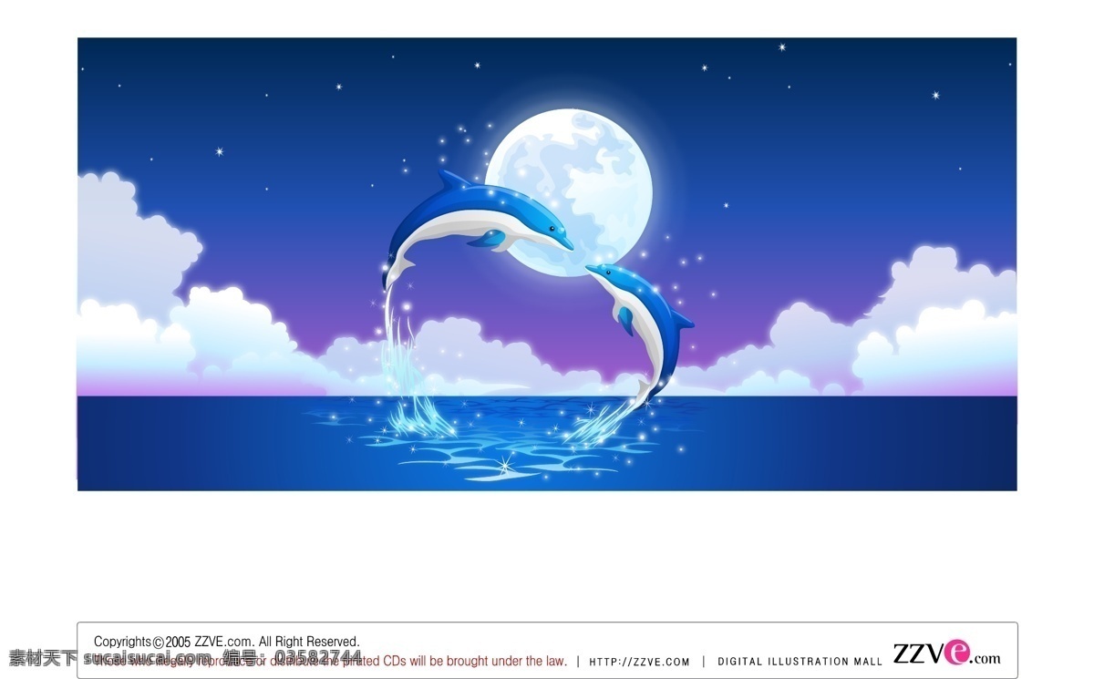 浪漫 月光 海豚 矢量 动漫动画 风景漫画 白色