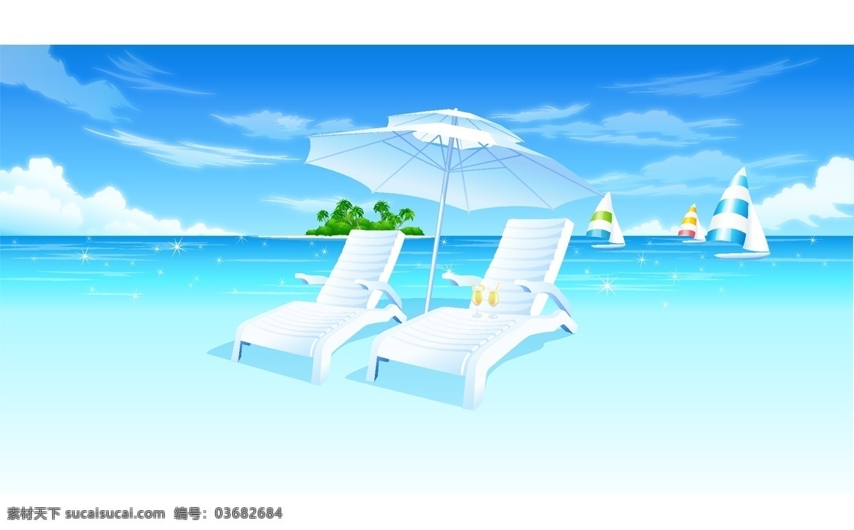 夏日 海滩 矢量 背景 动漫素材 海洋 蓝天白云 矢量素材 躺椅 椰树 遮阳伞 矢量图 其他矢量图
