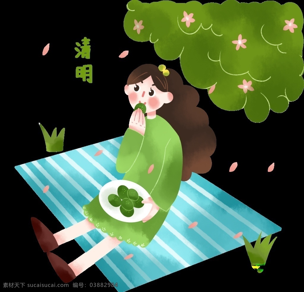 清明节 吃 东西 女孩 插画 吃东西 绿色 共享分系列
