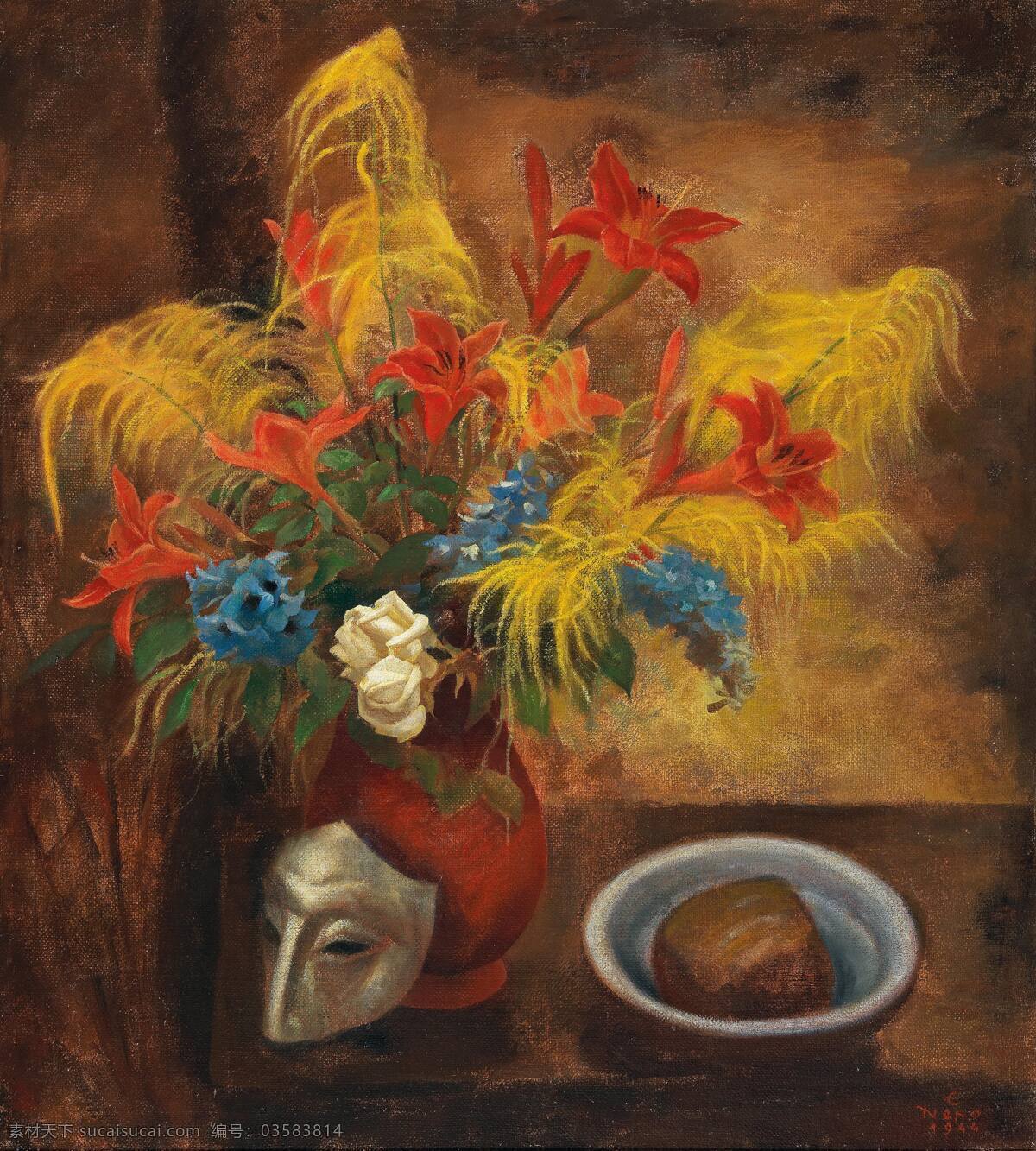 静物鲜花 假面 混搭鲜花 面包 碗 20世纪油画 油画 文化艺术 绘画书法