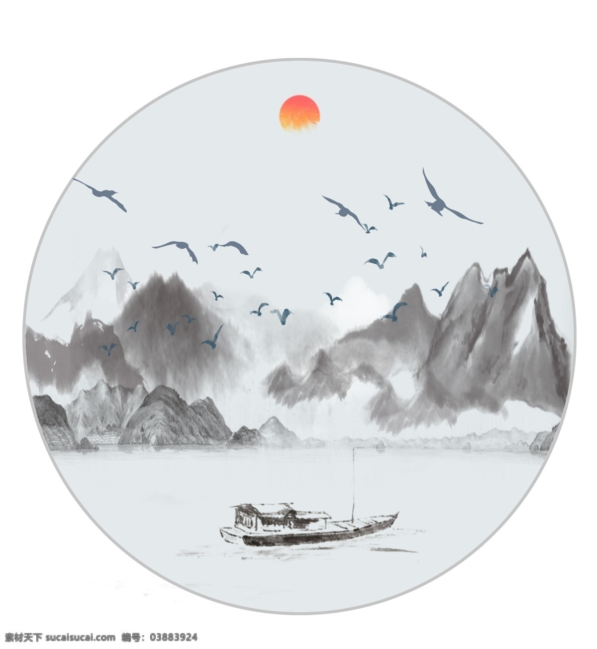 中国 风 水墨 山水 无 框 画 中国风 太阳 无框画 中式 背景 墙 分层