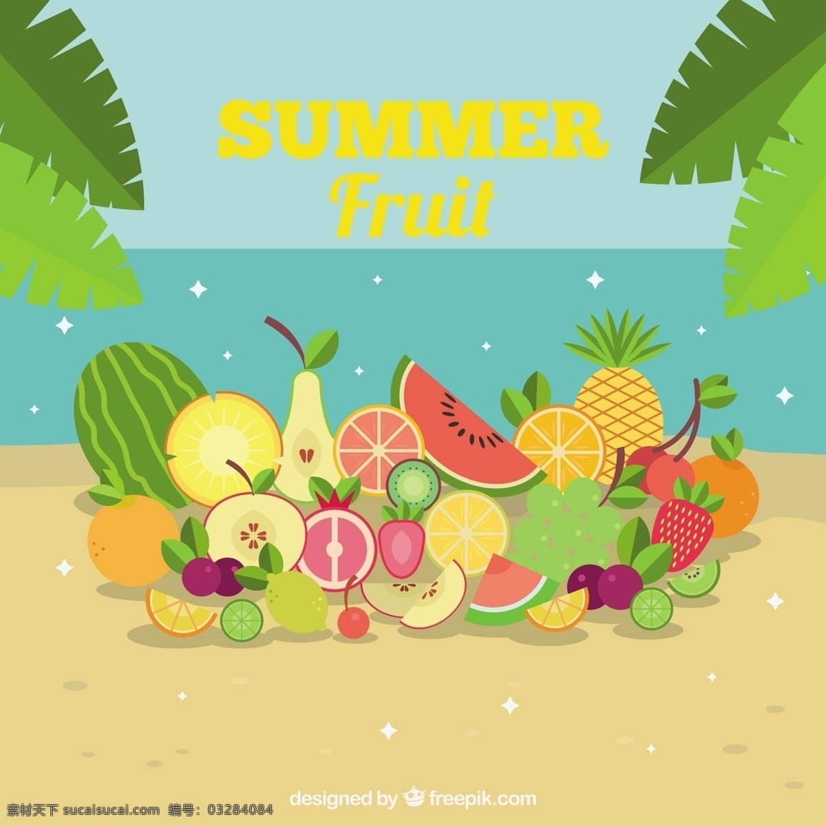 夏天 背景 水果 食品 阳光 海滩 海洋 树叶 橘子 假日 热带 平面设计 健康 棕榈 度假 菠萝 沙滩 黄色