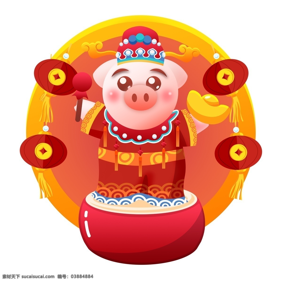 2019 春节 拜年 生肖 猪 财神 金币 灯笼 卡通 可爱 新年 新年快乐 元宝 鼓 鼓槌 财神爷