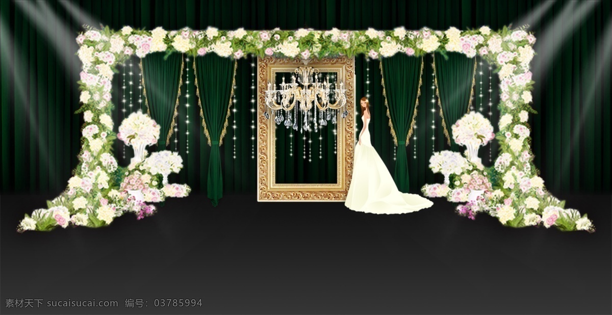 墨绿 花门 布 幔 水晶灯 相框 迎宾 展示 婚礼 效果图 墨绿色 布幔 欧式金色相框 方形花门 迎宾展示 婚礼效果图 灯光舞美 花艺