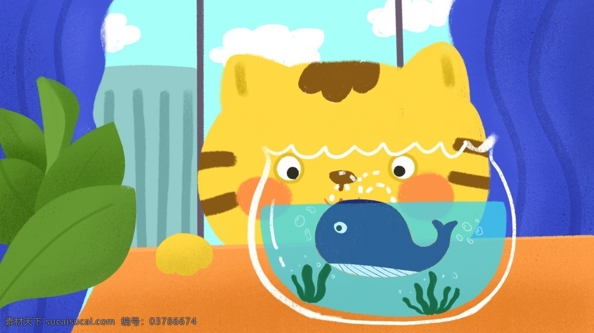 超现实 小猫 鲸鱼 卡通 可爱 治愈 系 插画 卡通可爱 儿童插画 治愈系 深海遇鲸