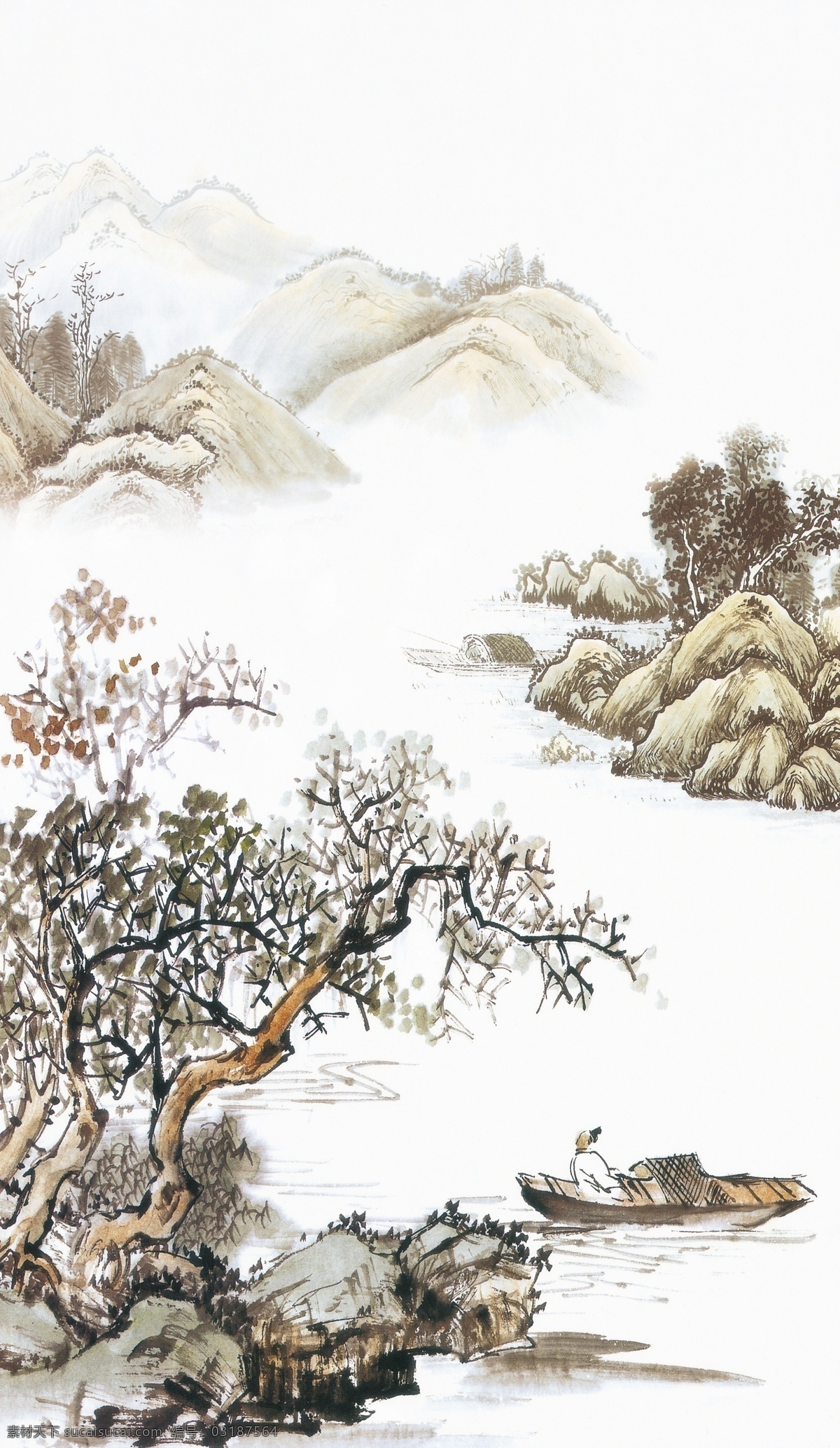 工笔画 山 水 山水 水墨 船 树 国画 山水画 风景画 风景 小船 河水 绘画书法 文化艺术
