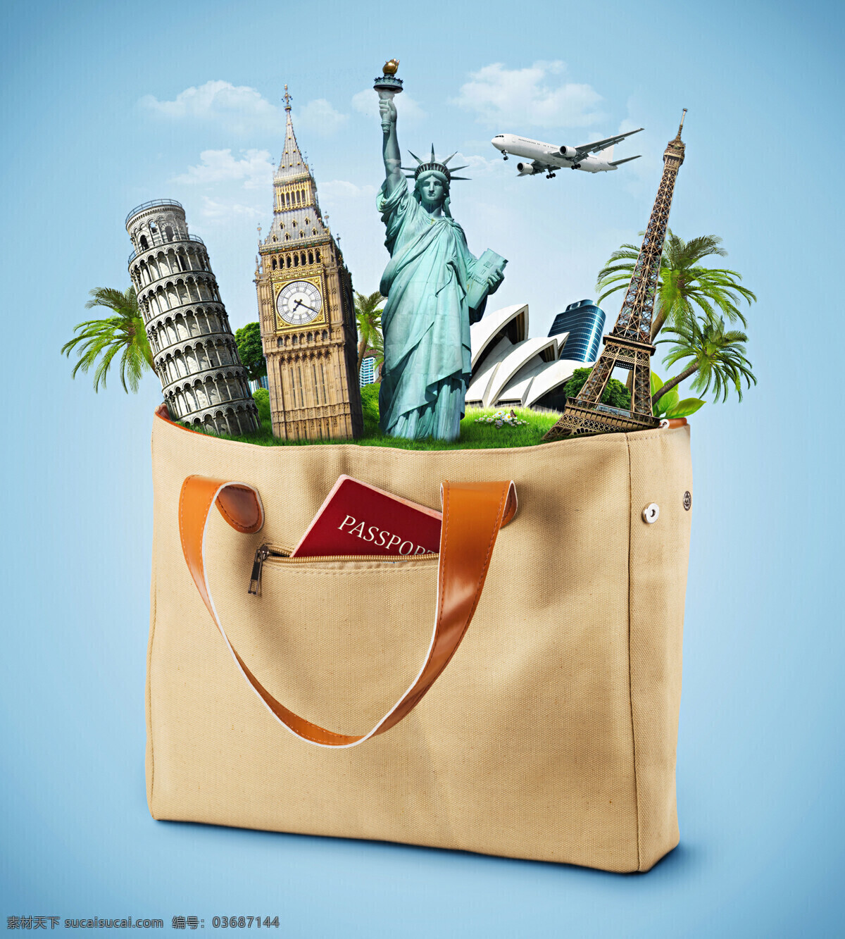 袋子 里 旅游名胜 手提袋 旅游 飞机 蓝天 白云 椰树 建筑物 其他类别 生活百科