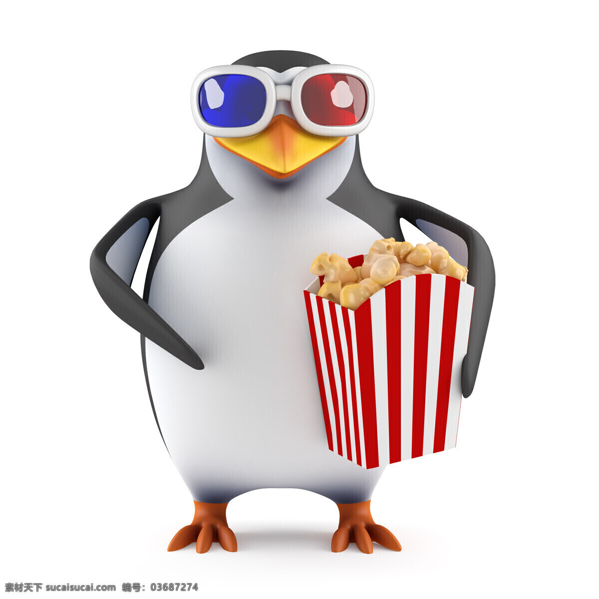 捧 爆米花 企鹅 3d眼镜 卡通企鹅 3d企鹅 卡通动物 3d动物 陆地动物 生物世界 白色