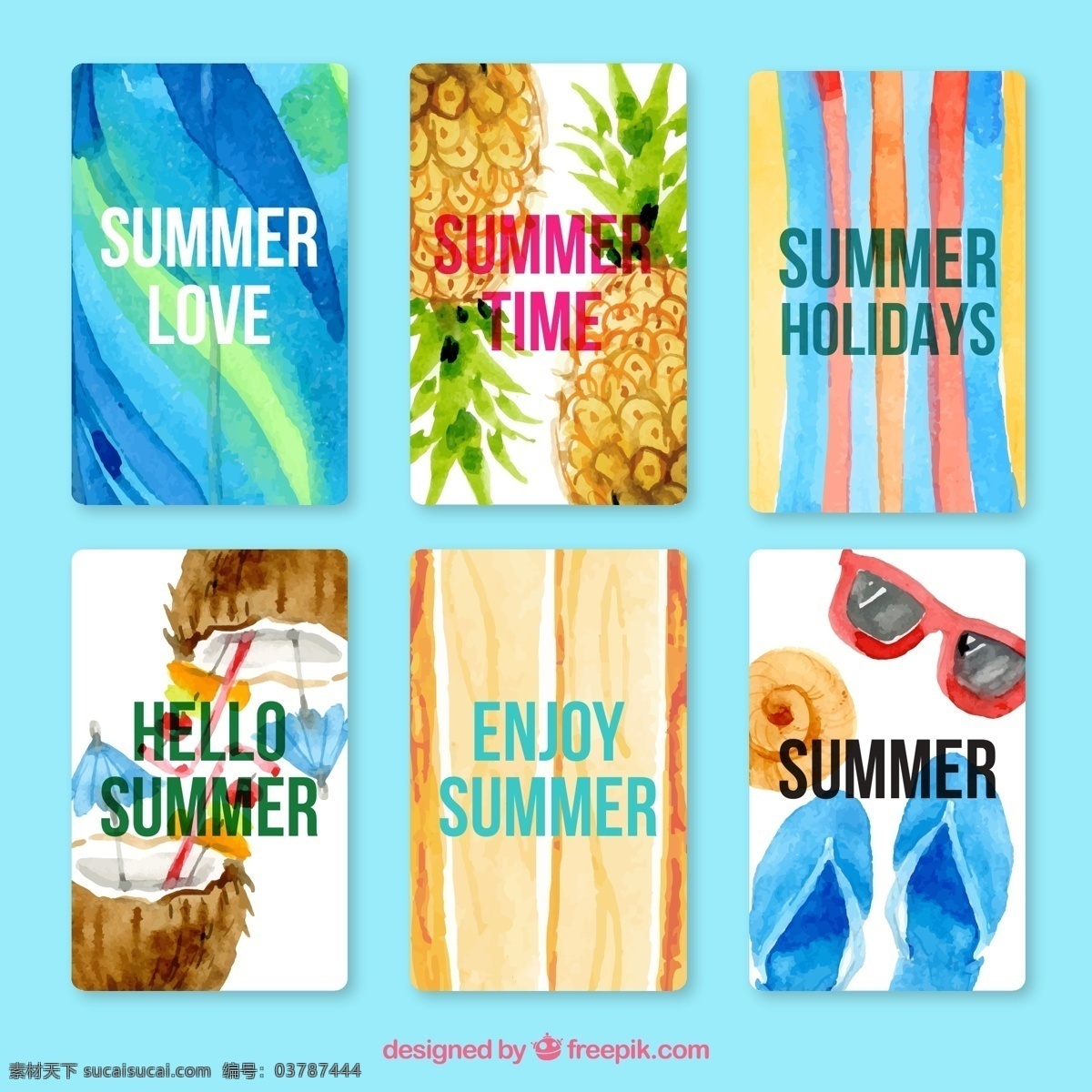 水彩 漂亮 夏天 卡片 集 水彩卡片 夏季卡片 水彩背景 拖鞋 菠萝 热带