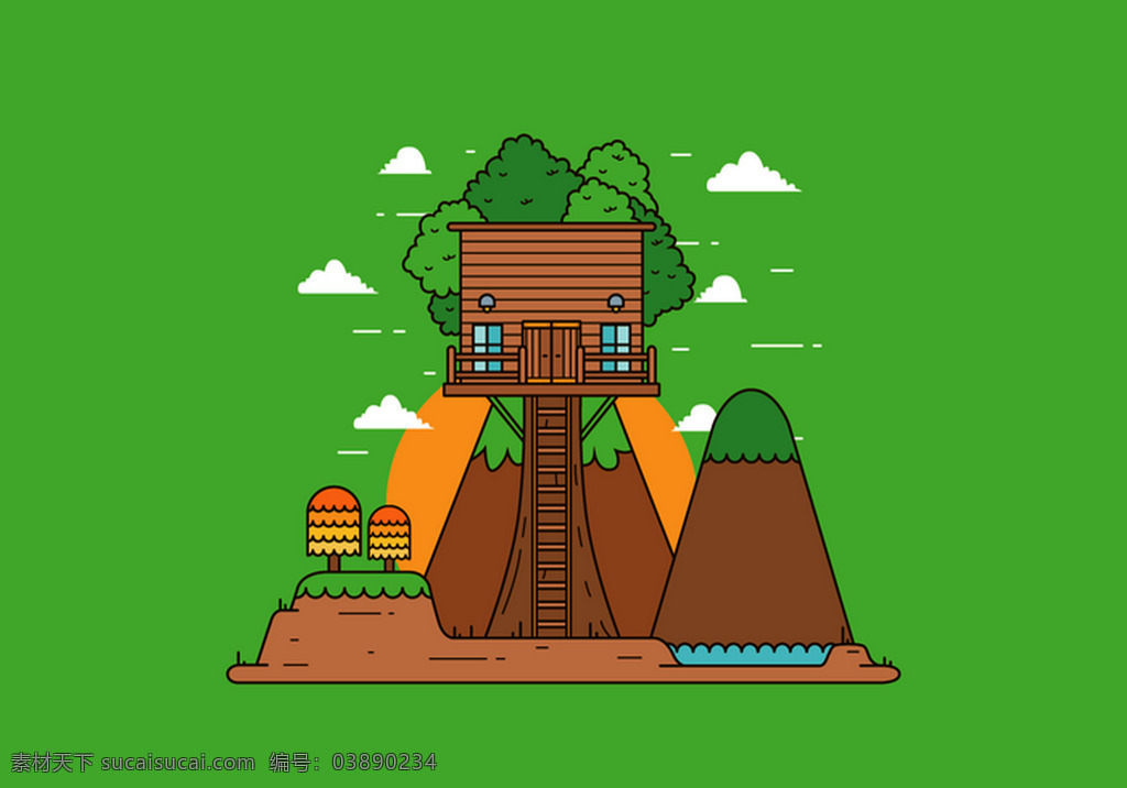 绿色 木房 子 房子 城堡 建筑 绿色背景 矢量素材 瞭望塔 云朵