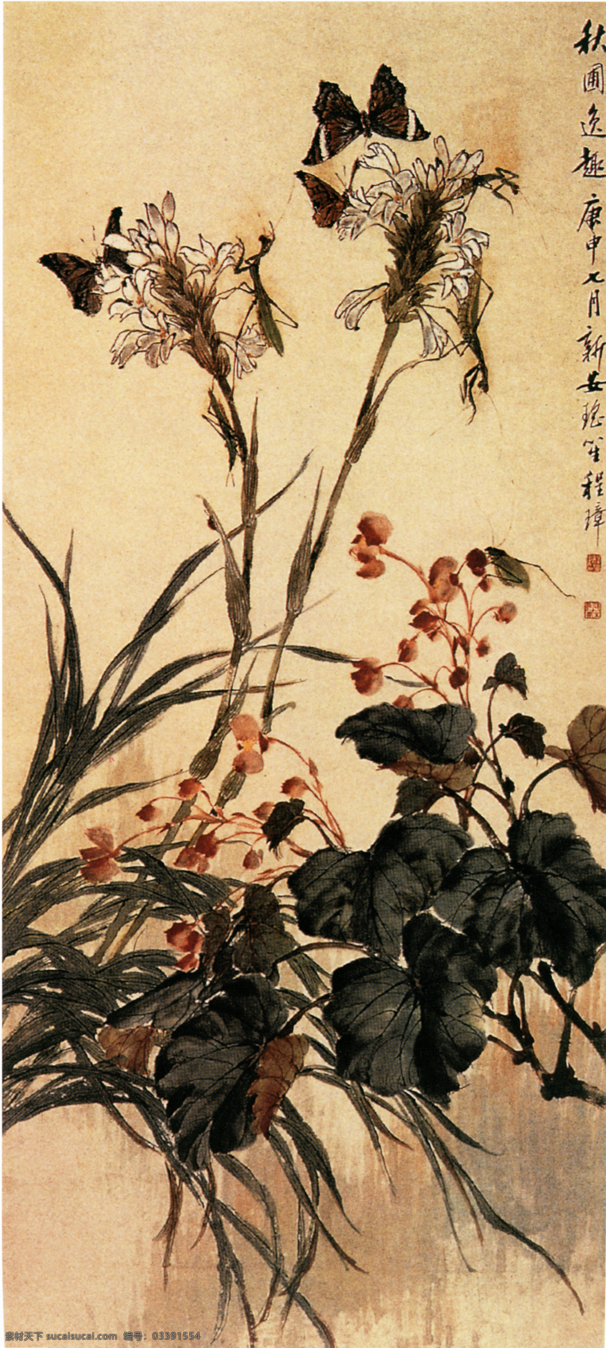 秋圃逸趣图 花鸟画 中国 古画 中国古画 设计素材 花鸟名画 古典藏画 书画美术 黄色