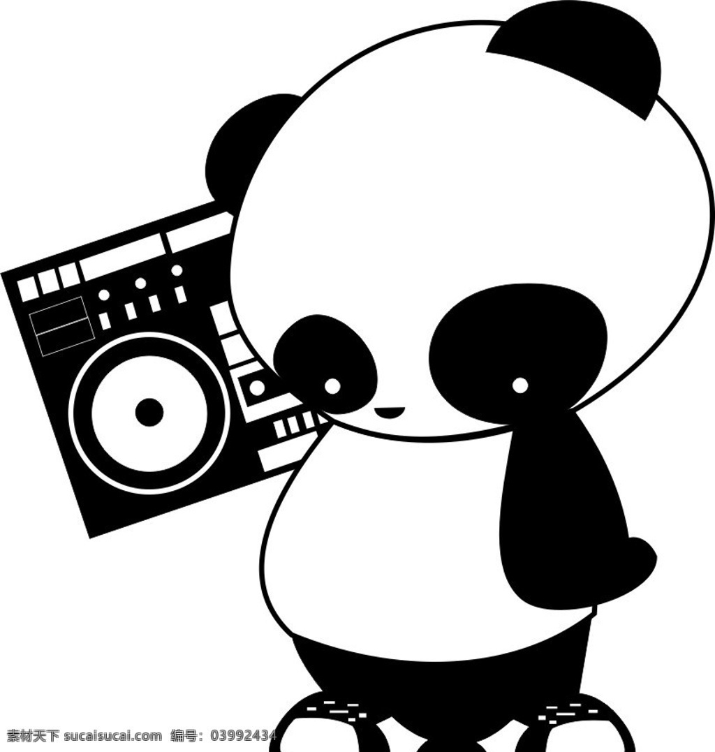 黑白卡通熊猫 卡通动物 录音机 矢量动物 野生动物 生物世界 矢量