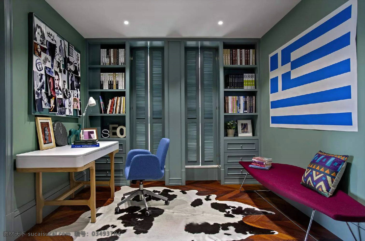 现代 纯美 书房 室内装修 效果图 创意地毯设计 家居装潢 家装设计 蓝色书柜 设计效果 实景效果 室内设计 室内效果图 室内装潢 书籍 书桌