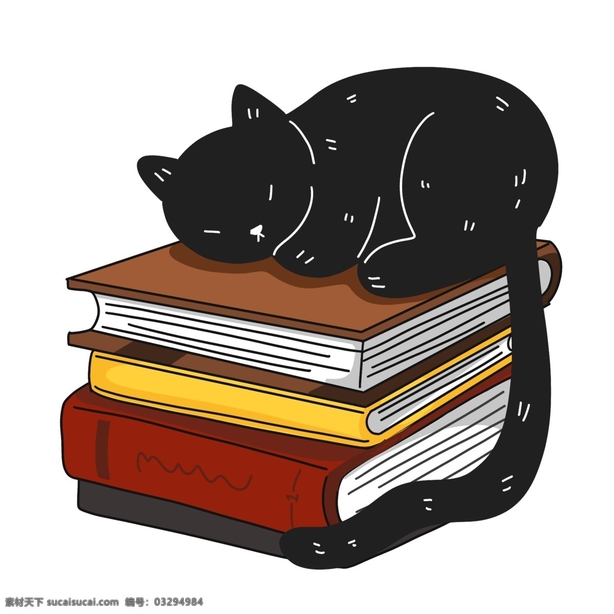 创意 堆叠 书籍 插画 堆叠的书籍 卡通书籍插画 黑色的猫咪 睡觉的猫咪 书本 创意书籍插画 动物