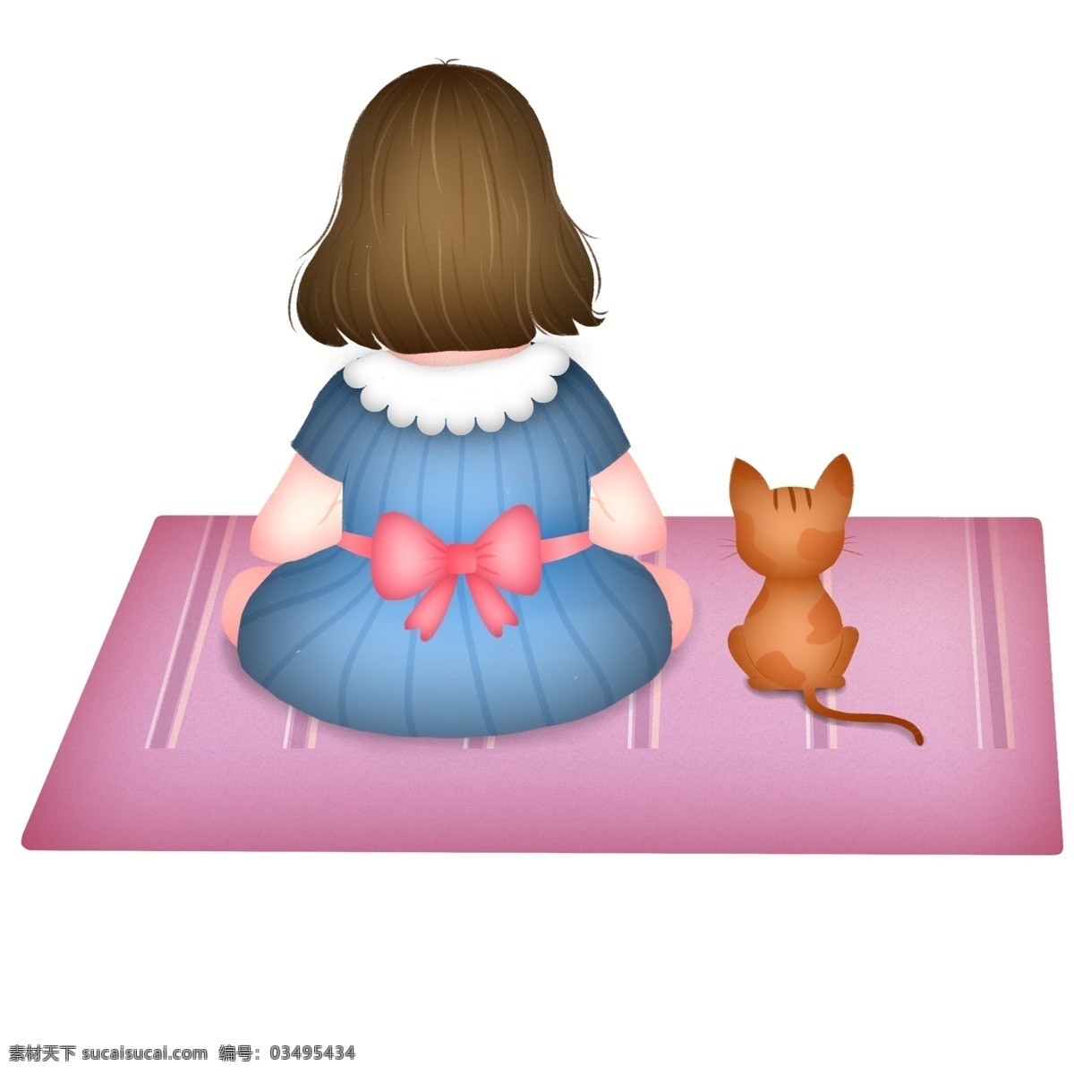 彩绘 坐在 垫子 上 女孩 猫咪 背影 小清新 插画 动物 居家 萌宠 躺在