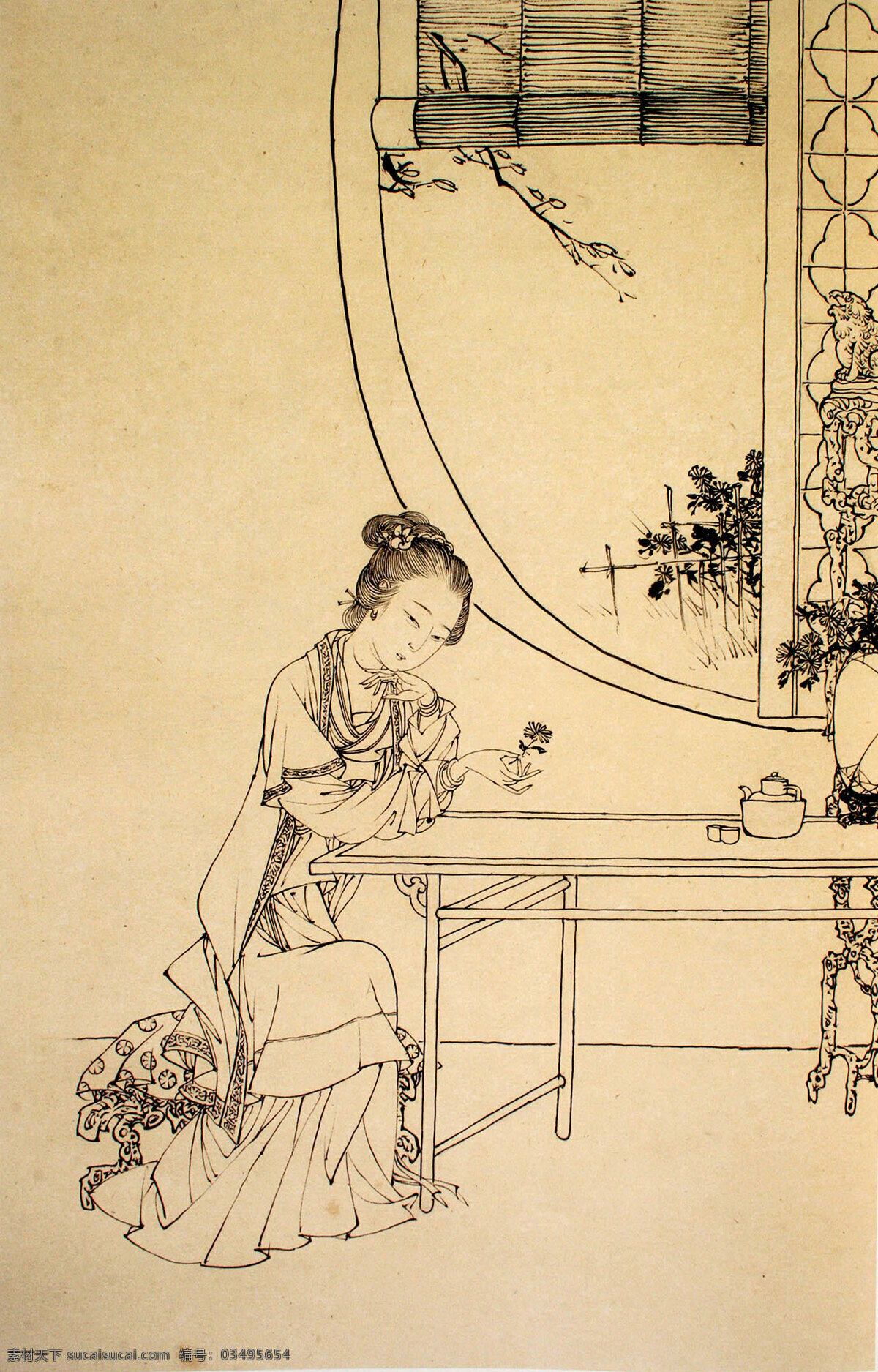 白描人物 古装 美女 女人 女性 女子 长裙 耳坠 家具 木桌 圆凳 窗帘 花枝 花朵 盆景 花瓶 花卉 传统艺术 国画 工笔 线描 古典 中国风 蔡 岚 人物 白描 绘画书法 文化艺术